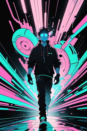 neon colors, cartoon style illustration of a man as he sees the world while experiencing hallucinations, stoned, smoking, splash art, splashed neon colors, neon glowy smoke) motion effects, best quality, wallpaper art, UHD, centered image, MSchiffer art, ((flat colors)), (cel-shading style) very vibrant neon colors, extremely saturated image (saturation 10) ink lines