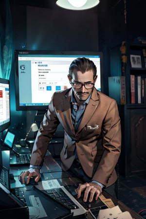 well-preserved 43-year-old man typing on his computer with glasses