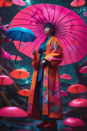 (masterpiece,best quality, ultra realistic,32k,RAW photo,detailed skin, 8k uhd, high quality:1.2), psychedelic style photo of kitsune, very detailed, neon, pink, japan, forest, rain, umbrella, ultra, fashion . vibrant colors, swirling patterns, abstract forms, surreal, trippy
