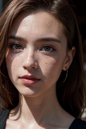  beautiful girl, close up, dress, (detailed eyes:0.8), defiance512, (looking at the camera:1.4), (highest quality), (best shadow), intricate details, interior, ginger hair:1.3, dark studio, muted colors, freckles