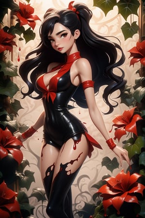 with legs, black veins, dripping oil, predatory plants, ivy, girl's face, gloomy, red splashes, red undertones, background floral pattern , Illustration, Painting, Fine Art, 8K, Rim Lighting, Artificial Lighting