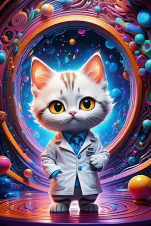 (masterpiece,best quality, ultra realistic,32k,RAW photo,detailed skin, 8k uhd, high quality:1.2), psychedelic style Cute colourful art of a surprised kitten in a lab coat peeking through the interdimensional portal. Detailed profile picture. Award-winning digital art, trending on artstation . vibrant colors, swirling patterns, abstract forms, surreal, trippy
