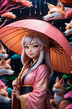 (masterpiece,best quality, ultra realistic,32k,RAW photo,detailed skin, 8k uhd, high quality:1.2), psychedelic style photo of kitsune, very detailed, neon, pink, japan, forest, rain, umbrella, ultra, fashion . vibrant colors, swirling patterns, abstract forms, surreal, trippy