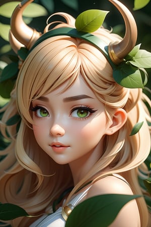 blond haired girl with horns and green leaves on her head, detailed digital anime art, loish and wlop, cute detailed digital art, adorable digital painting, digital anime art, elf girl, digital anime illustration, fanart best artstation, inspired by WLOP, artwork in the style of guweiz, hyperdetailed fantasy character, anime styled 3d