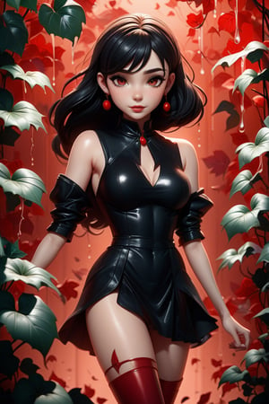 with legs, black veins, dripping oil, predatory plants, ivy, girl's face, gloomy, red splashes, red undertones, background floral pattern , Illustration, Painting, Fine Art, 8K, Rim Lighting, Artificial Lighting