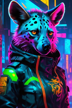 (masterpiece,best quality, ultra realistic,32k,RAW photo,detailed skin, 8k uhd, high quality:1.2), abstract expressionist painting digital artwork of anthromorphic hyena female, fursona, furry fandom, neon rainy cyberpunk setting, anthro, wearing cyberpunk 2 0 7 7 jacket, detailed face, . energetic brushwork, bold colors, abstract forms, expressive, emotional