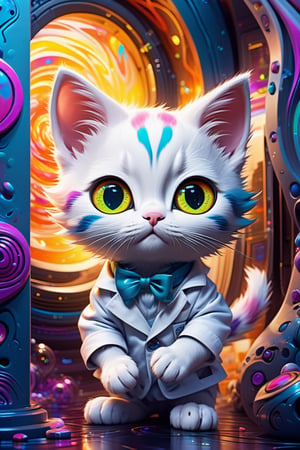 (masterpiece,best quality, ultra realistic,32k,RAW photo,detailed skin, 8k uhd, high quality:1.2), psychedelic style Cute colourful art of a surprised kitten in a lab coat peeking through the interdimensional portal. Detailed profile picture. Award-winning digital art, trending on artstation . vibrant colors, swirling patterns, abstract forms, surreal, trippy