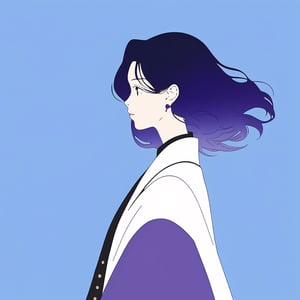 minimalism style,ghibli ,flat , 1girl, portrait,lip, formal wear,Stadium, Azure gradient background, dark violet hair,Long layers, engineer , (masterpiece,best quality,niji style)