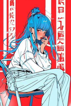 sketch , 1girl, ,lip, Cropped pants,noodles, electric red gradient background, Azure hair,Caesar cut, Micronesian ,Soothing , (masterpiece,best quality,niji style)