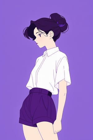 minimalism style,ghibli ,flat , 1girl, portrait,lip, cargo shorts,pudding a la mode, dark violet gradient background, deep purple hair,Chignon, Potent ,office lady , (masterpiece,best quality,niji style)