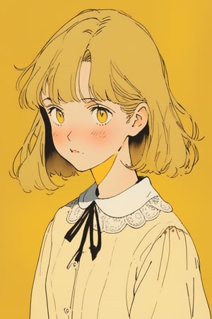 ghibli ,sketch , 1girl, portrait,lip, Peter Pan collar blouse,pate, Mustard gradient background, dark yellow hair,Straight, Enigmatic ,Guido Borelli da Caluso, (masterpiece,best quality,niji style)