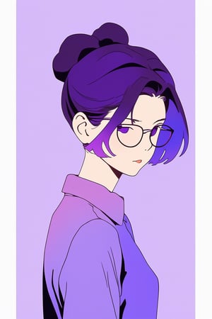 minimalism style,ghibli ,flat , 1girl, portrait,lip, cargo shorts,pudding a la mode, dark violet gradient background, deep purple hair,Chignon, Potent ,office lady , (masterpiece,best quality,niji style)