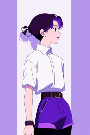 minimalism style,ghibli ,flat , 1girl, portrait,lip, cargo shorts,pudding a la mode, dark violet gradient background, deep purple hair,Chignon, Potent ,office lady , (masterpiece,best quality,niji style)