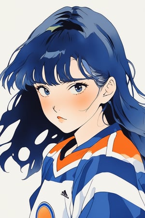 flat ,anime ,ghibli , 1girl, portrait,lip, football jersey,kumquat, dark white gradient background, dark blue hair,Low fade, Voyeuristic , (masterpiece,best quality,niji style)