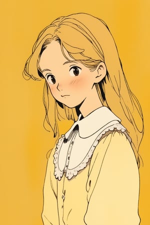 ghibli ,sketch , 1girl, portrait,lip, Peter Pan collar blouse,pate, Mustard gradient background, dark yellow hair,Straight, Enigmatic ,Guido Borelli da Caluso, (masterpiece,best quality,niji style)