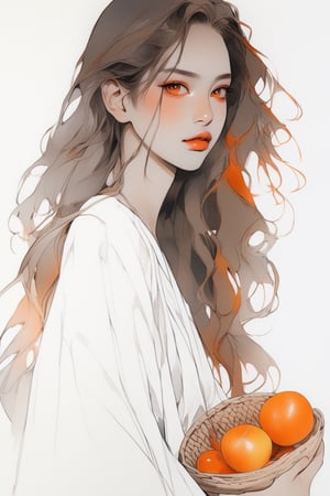 sketch ,realistic ,anime , 1girl, portrait,lip, South Sudanese thobe,eat, White gradient background, dark orange hair,Long waves, Fruit-Flavored ,Fijian , (masterpiece,best quality,niji style)