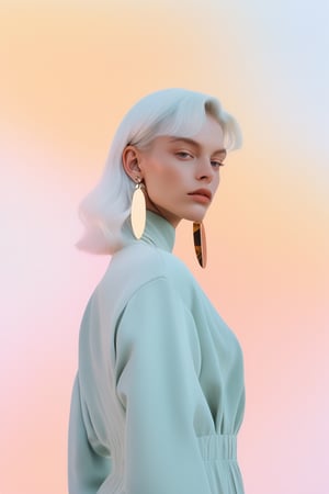 minimalism style,flat ,realistic , 1girl, ,lip, A velvet jumpsuit with statement earrings,Linen, Alabaster gradient background, Gradient hair,Mullet, actor ,Xanti Schawinsky, (masterpiece,best quality,niji style)