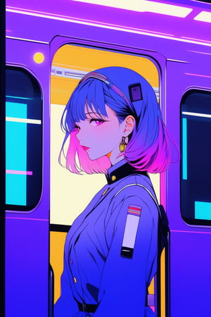 minimalism style, 1girl, portrait,lip, Traditional attire,anchovy, electric purple gradient background, Neon hair,Sideswept bangs, train attendant ,Original , (masterpiece,best quality,niji style)