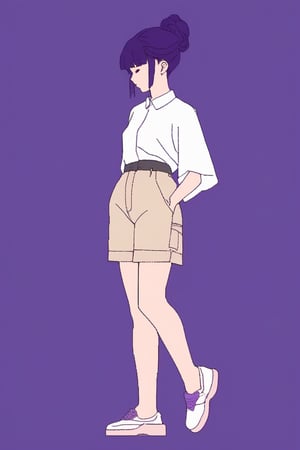 minimalism style,ghibli ,flat , 1girl, portrait,lip, cargo shorts,pudding a la mode, dark violet gradient background, deep purple hair,Chignon, Potent ,office lady , (masterpiece,best quality,niji style)