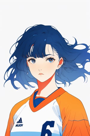 flat ,anime ,ghibli , 1girl, portrait,lip, football jersey,kumquat, dark white gradient background, dark blue hair,Low fade, Voyeuristic , (masterpiece,best quality,niji style)