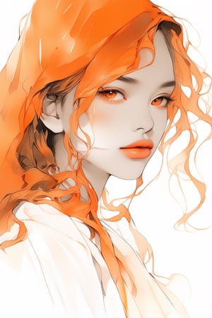 sketch ,realistic ,anime , 1girl, portrait,lip, South Sudanese thobe,eat, White gradient background, dark orange hair,Long waves, Fruit-Flavored ,Fijian , (masterpiece,best quality,niji style)