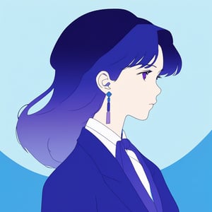 minimalism style,ghibli ,flat , 1girl, portrait,lip, formal wear,Stadium, Azure gradient background, dark violet hair,Long layers, engineer , (masterpiece,best quality,niji style)