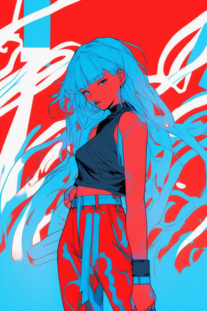 sketch , 1girl, ,lip, Cropped pants,noodles, electric red gradient background, Azure hair,Caesar cut, Micronesian ,Soothing , (masterpiece,best quality,niji style)