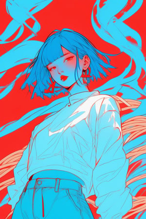 sketch , 1girl, ,lip, Cropped pants,noodles, electric red gradient background, Azure hair,Caesar cut, Micronesian ,Soothing , (masterpiece,best quality,niji style)