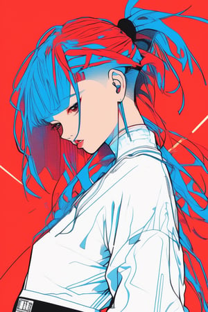 sketch , 1girl, ,lip, Cropped pants,noodles, electric red gradient background, Azure hair,Caesar cut, Micronesian ,Soothing , (masterpiece,best quality,niji style)