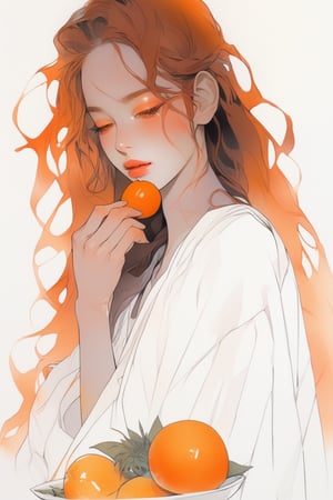 sketch ,realistic ,anime , 1girl, portrait,lip, South Sudanese thobe,eat, White gradient background, dark orange hair,Long waves, Fruit-Flavored ,Fijian , (masterpiece,best quality,niji style)