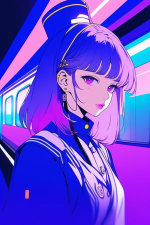 minimalism style, 1girl, portrait,lip, Traditional attire,anchovy, electric purple gradient background, Neon hair,Sideswept bangs, train attendant ,Original , (masterpiece,best quality,niji style)