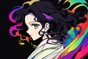 anime , 1girl, portrait,lip, Skirt,Nomex, Black gradient background, dark rainbow hair,Side-swept curls, Zen ,Davidsz de Heem, (masterpiece,best quality,niji style)