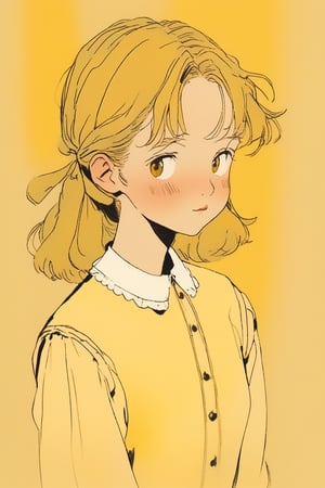 ghibli ,sketch , 1girl, portrait,lip, Peter Pan collar blouse,pate, Mustard gradient background, dark yellow hair,Straight, Enigmatic ,Guido Borelli da Caluso, (masterpiece,best quality,niji style)