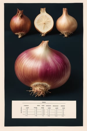 "onion", fully detailed botanic identity card of onion, taken from old science book, write "onion" title, pictures of different cross sections, chemical and biological classifications, detailed plant information with different species of onion, anatomy, graphs, on single poster, bright colors, fresh, verified information, high contrast, high resolution

