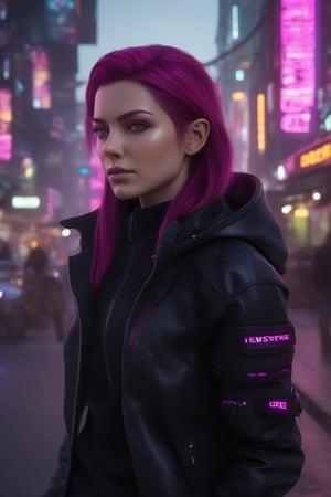 Pretty female android with colored magenta eyes, magenta hair, wearing a black jacket, cyberpunk, outdoor, street, hyperrealism, photorealistic, 8k, unreal engine, 3d render