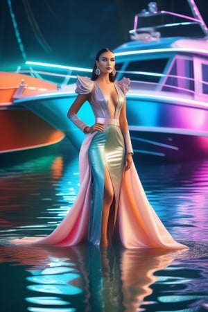 commercial photo of a stunning woman standing in water near a boat, in the style of colorful futurism, stylish costume design, daz3d, sleek metallic finish, robotic motifs, rococo pastel, vivid color blocks 