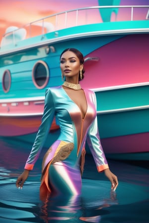 commercial photo of a stunning woman standing in water near a boat, in the style of colorful futurism, stylish costume design, daz3d, sleek metallic finish, robotic motifs, rococo pastel, vivid color blocks 