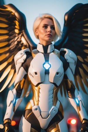 a close up of a woman with wings, mercy from overwatch game (2016), heavily upvoted, before and after, one angel, one blonde, stock image, ambulance, anime visual of a young woman, diverse medical cybersuits, bald lines, albino, Photography Paparazzi, Nikon D750, 32k, Megapixel, HDR, Golden Hour, Ultra-HD, Super-Resolution