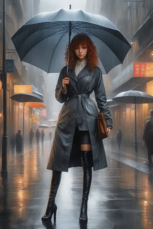 (masterpiece,best quality, ultra realistic, RAW photo), hyperrealistic art anime girl in copron tights, in full growth, beautiful appearance, curly hair, holding an umbrella and it's raining, beautiful figure . extremely high-resolution details, photographic, realism pushed to extreme, fine texture, incredibly lifelike