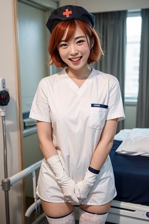 1girl, solo, nurse, nurse cap, white wear, ((white legwear, zettai ryouiki)), white gloves, very short hair, orange hair, smile, open mouth, standing, ((hospital room)), sharp outline, short sleeves, tomboy, boyish, best quality, masterpiece