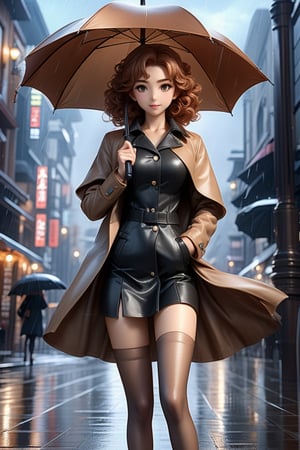 (masterpiece,best quality, ultra realistic, RAW photo), hyperrealistic art anime girl in copron tights, in full growth, beautiful appearance, curly hair, holding an umbrella and it's raining, beautiful figure . extremely high-resolution details, photographic, realism pushed to extreme, fine texture, incredibly lifelike, anime style,