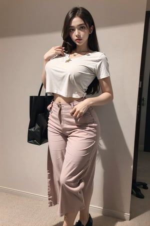 1girl, Culottes, blouse, loafers, tote bag, pendant necklace, posing for a picture, professional photoshoot,
brunette, long hair, huge breasts, wide hips, glossy coral lips, seductive,