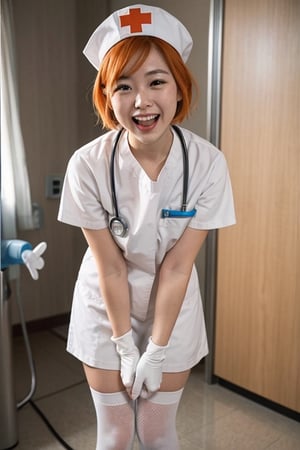 1girl, solo, nurse, nurse cap, white wear, ((white legwear, zettai ryouiki)), white gloves, very short hair, orange hair, smile, open mouth, standing, ((hospital room)), sharp outline, short sleeves, tomboy, boyish, best quality, masterpiece