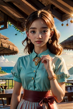 masterpiece, best quality, realistic, 8k, official art, cinematic light, ultra high res, 1girl,  standing, day, sunlight, light on face, earrings , jewelry , necklace , waitress, Nature reserve, hair light