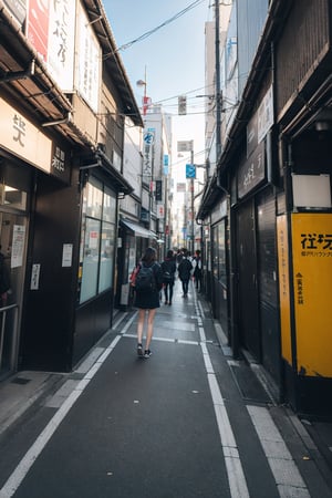 photo, student in tokyo, wide fov, wide field of view, wide angle, hyper maximalist, bright saturated colors, award-winning, masterpiece, detailed, high resolution