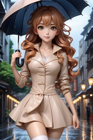 (masterpiece,best quality, ultra realistic, RAW photo), hyperrealistic art anime girl in copron tights, in full growth, beautiful appearance, curly hair, holding an umbrella and it's raining, beautiful figure . extremely high-resolution details, photographic, realism pushed to extreme, fine texture, incredibly lifelike, anime style,