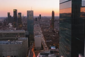 A sweeping aerial view of a metropolitan cityscape at sunset. Tall skyscrapers rise from the concrete jungle, their glass facades reflecting hues of orange and pink as the sun dips below the horizon. The streets are bustling with evening commuters, while neon lights and billboards illuminate the urban landscape.