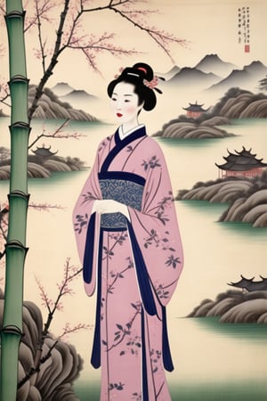 shuimobysim portrait of a naive lady standing in bamboo forest, (masterpiece, best quality:1.2), traditional china painting, modelshoot style, peaceful, (smile), looking at viewer, wearing long (qipao, cheongsam) plum flowers on plum trees, mountains in faraway background, wuchangshuo, zhangdaqian
