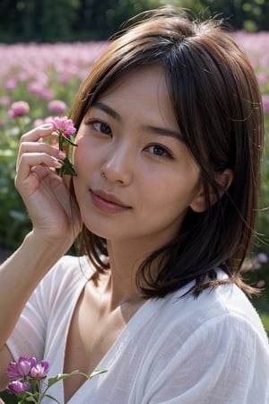 A close up portrait of a beautiful woman picking flowers in a meadow by Ken Sugimori, summer, dawn
