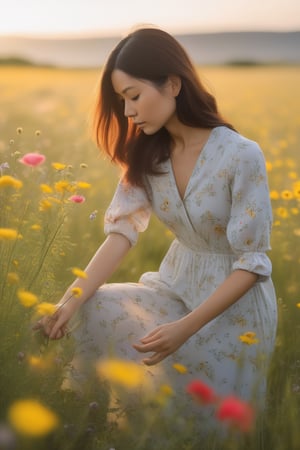 A close up portrait of a beautiful woman picking flowers in a meadow by Ken Sugimori, summer, dawn, 